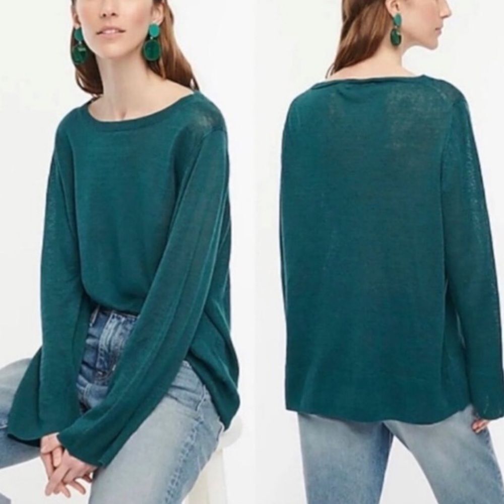 J. Crew Green 100% Linen Slouchy Crew Neck Tunic Sweater